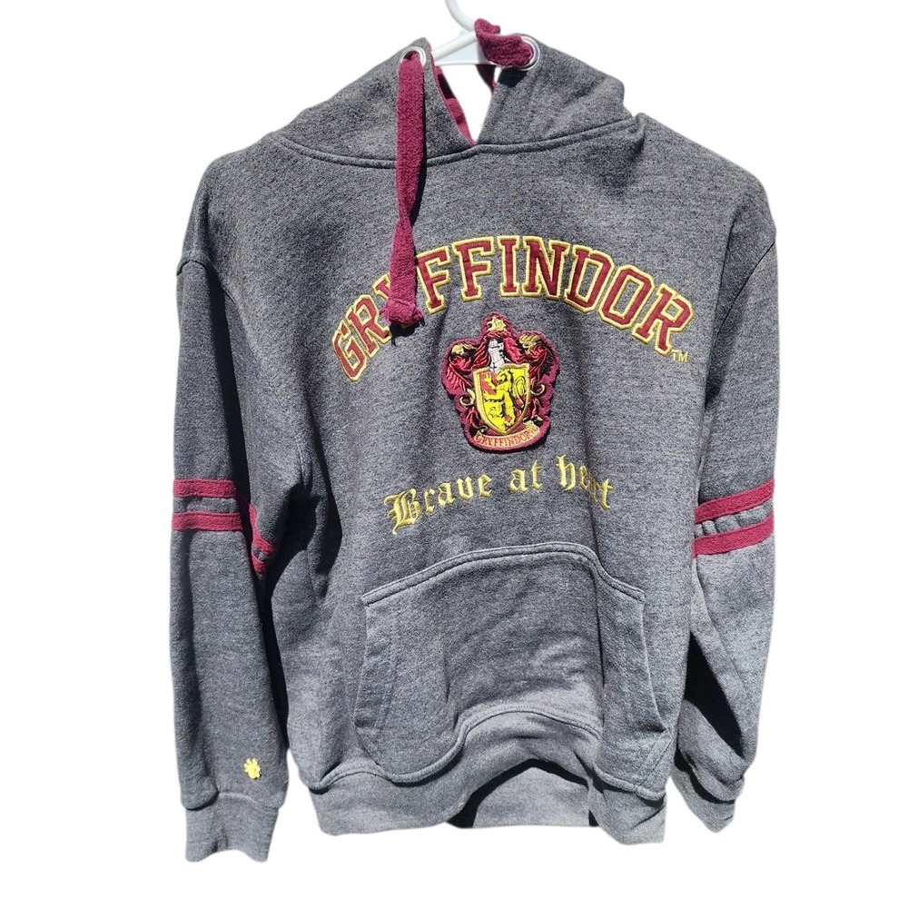 Harry Potter Gryffindor Hoodie Gray Maroon Brave At Heart Crest Sweatshirt Small